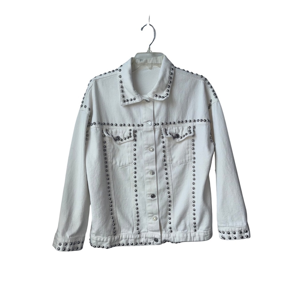 White Denim Jacket Silver Studded Oversized Size Small